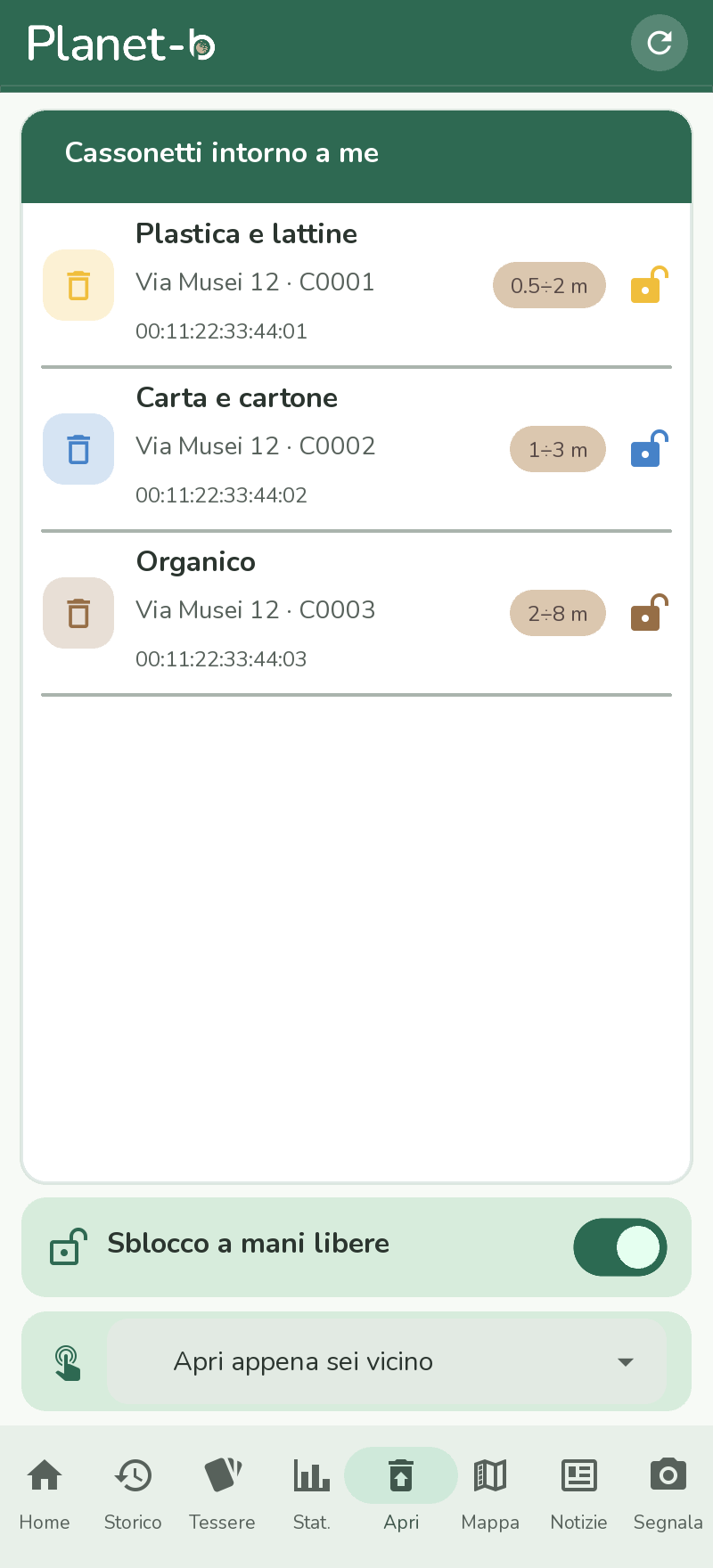 App cittadino — sblocco a mani libere e cassonetti nelle vicinanze