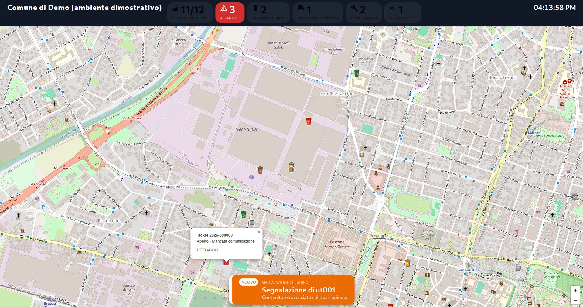 Control Room TV — vista cartografica in tempo reale con contatori e zoom automatico sugli eventi