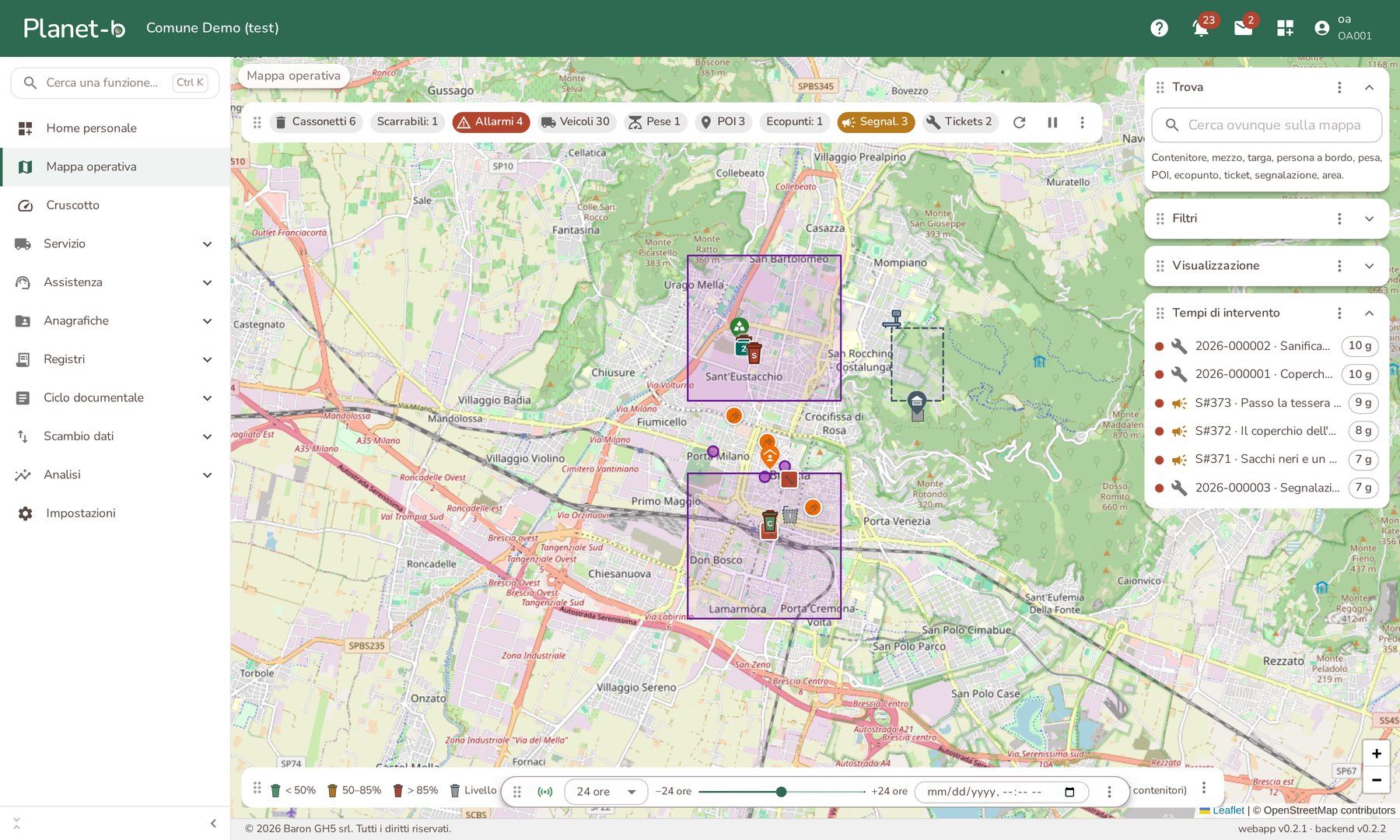Mappa operativa con pese e mezzi in tempo reale